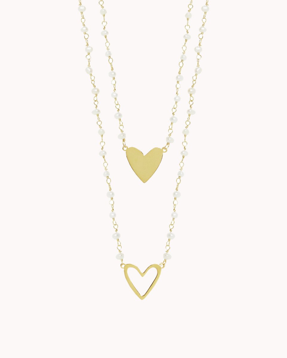 Escapulário enfiado a terço com um coração fixo de cada lado - Colares Our Sins